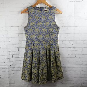 MILADY BLUE & GOLD BROCADE SLEEVELESS ROUND NECK FIT & FLARE EVENT DRESS